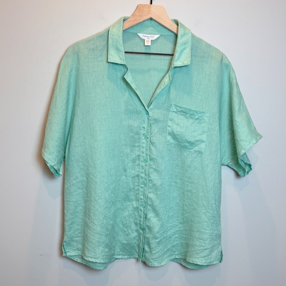 Garnet Hill Tops - Garnet Hill 14 100% Linen Dolman Sleeve Button Down Shirt Top Seafoam Green
